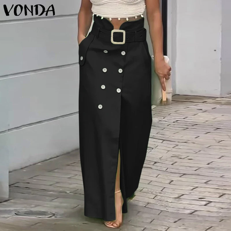 VONDA Women Skirts 2025 Casual Waistband Button Design Slit Long Overskirts Elegant Solid Color Office Lady Bottoms Oversized