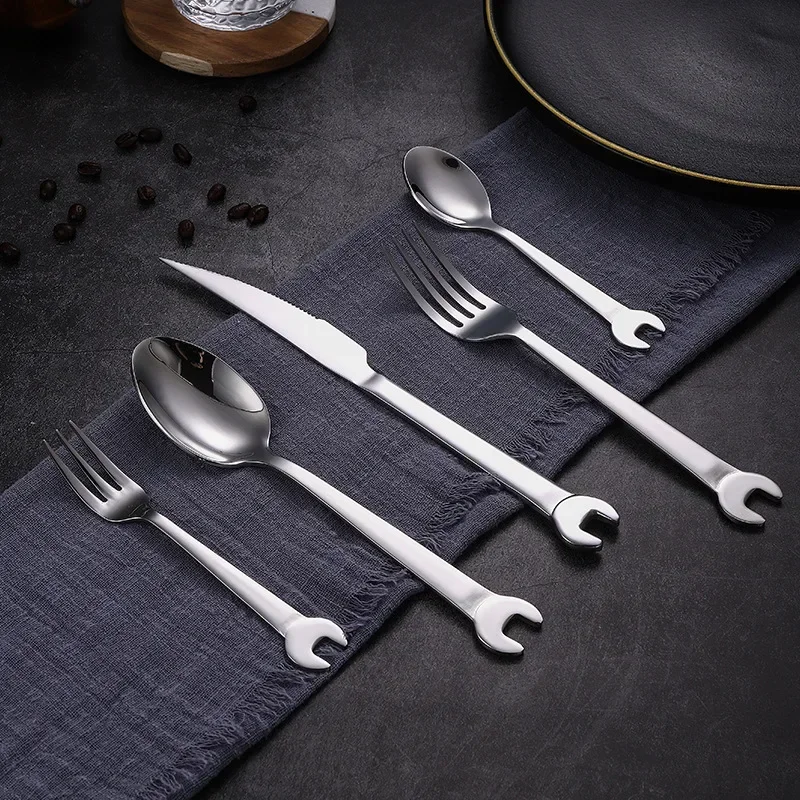 6pc/set  Creative Wrench Shape Tea Fork 304 Stainless Steel Dinner Spoon Coffee Cutlery Set Tableware Family Camping Kitchen