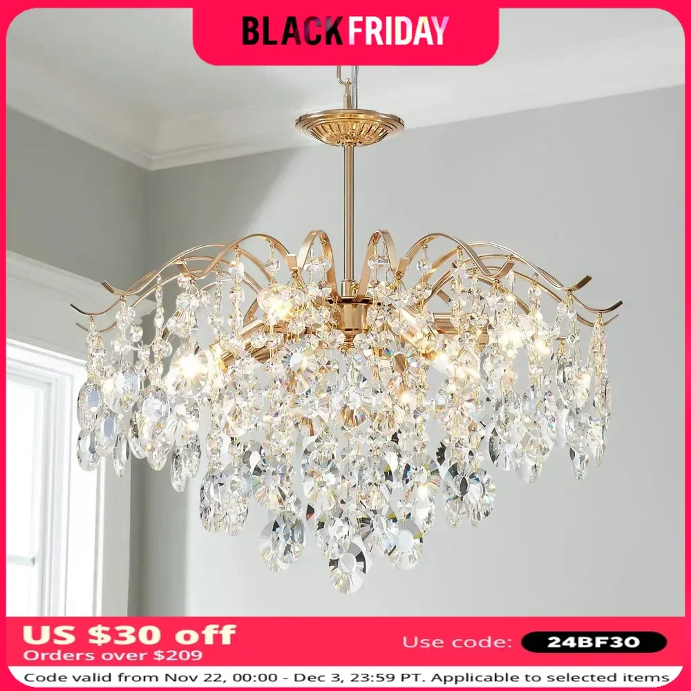 5-Light Gold Crystal Chandeliers, Middle Century Dining Room Light Fixture, Modern Pendant Light for Living Room,59