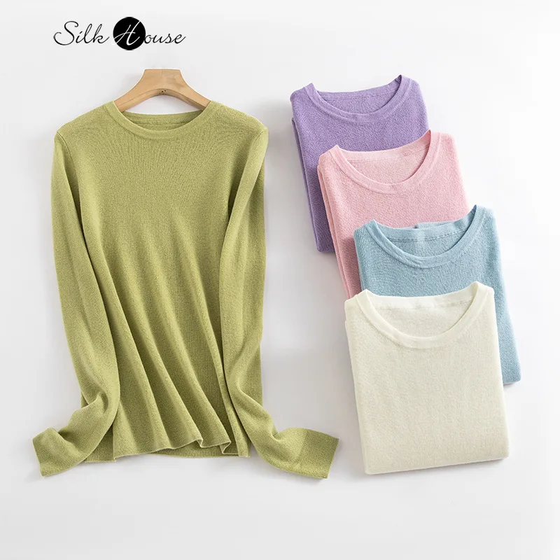 

2025 Women's Casual Early Autumn New 18 Needle Knitted 100% Wool Round Neck Long Sleeve Solid Color Knitted Bottoming Shirt