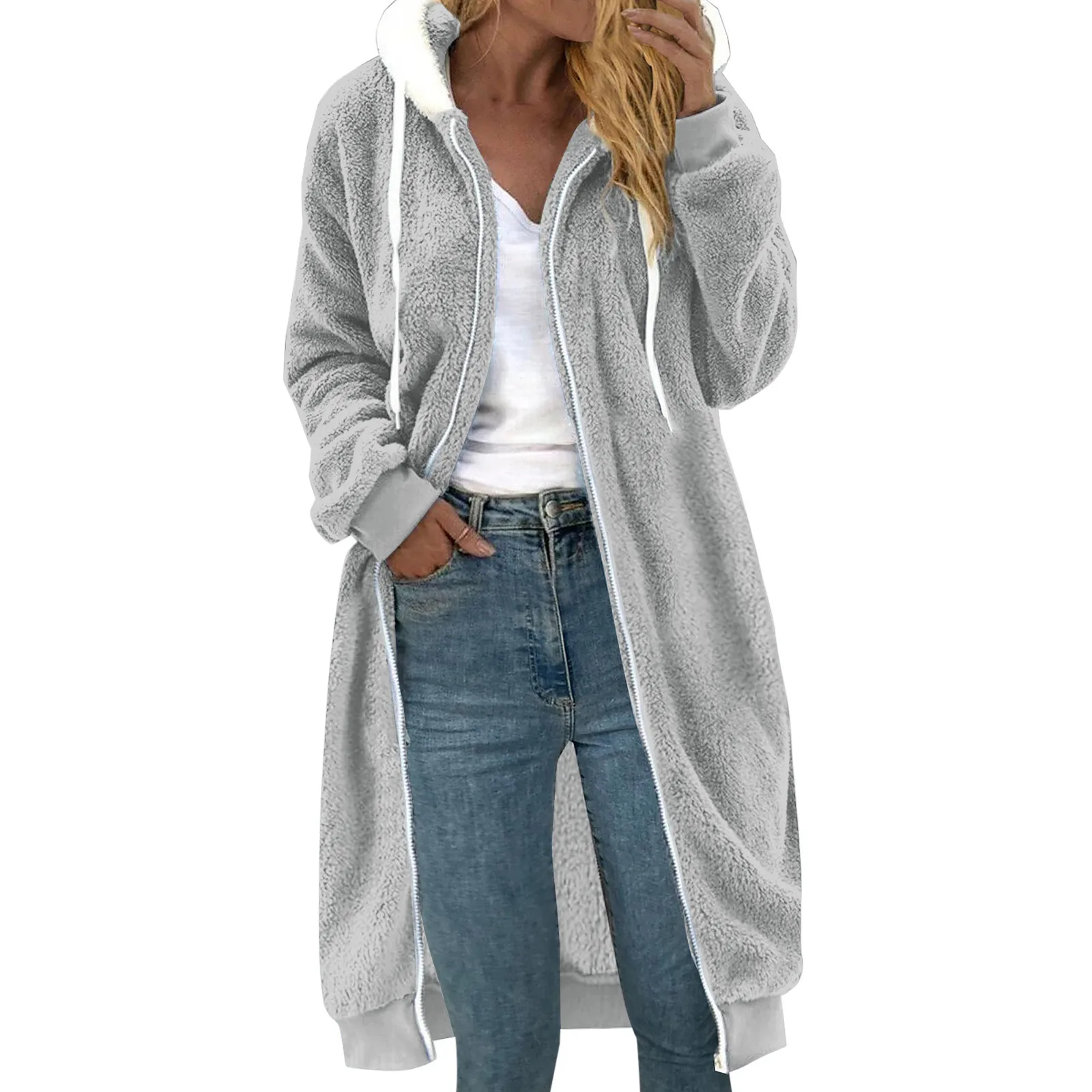 Women\'s Plus Size Casual Color Block Plush Sweatshirt Zipper Hoodie Loose Blouse Warm Coat Cute Jackets for Women Trendy