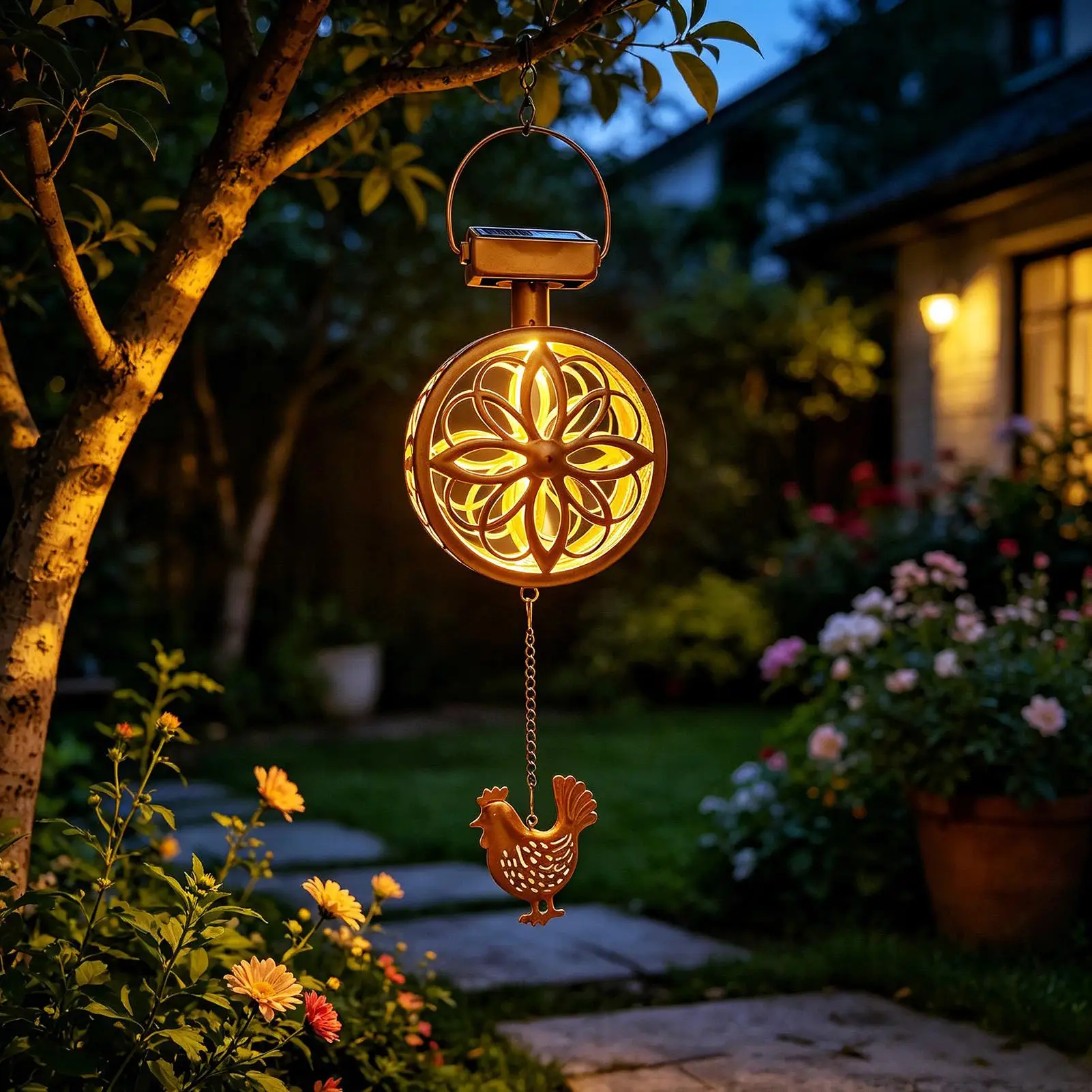 Solar Outdoor Hanging Pendant Light Iron Wind Chime Flower Lamp Waterproof Decorative Atmosphere Light For Garden Balcony Yard