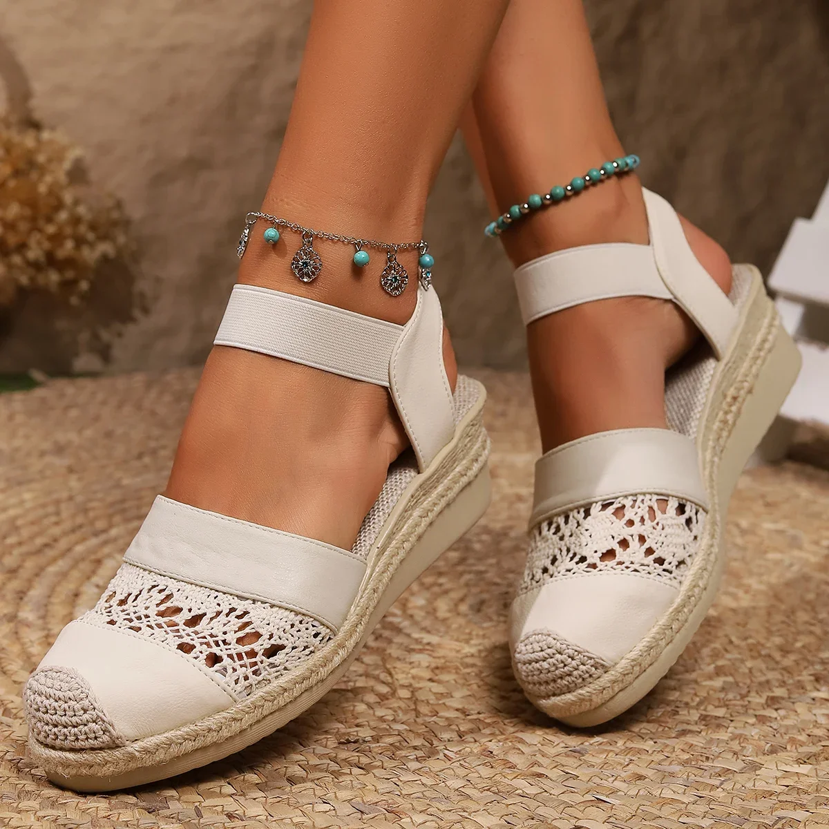 New Women Wedge Heel Espadrilles Closed Toe Slingback Platform Shoes Braided Espadrille Ankle Strap High Heeled Sandals