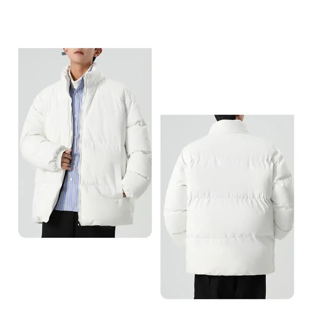 Thickened Down Coat Men's Stand Collar Cotton Down Coat with Zipper Placket Pockets Solid Color Quilted Outwear for Winter