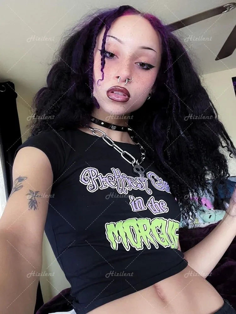 Y2K Letter Print Kawaii Baby Tees Summer E-girl Crop Tops Slim 2000s tops Streetwear Harajuku Black Goth Short Sleeve T-shirts