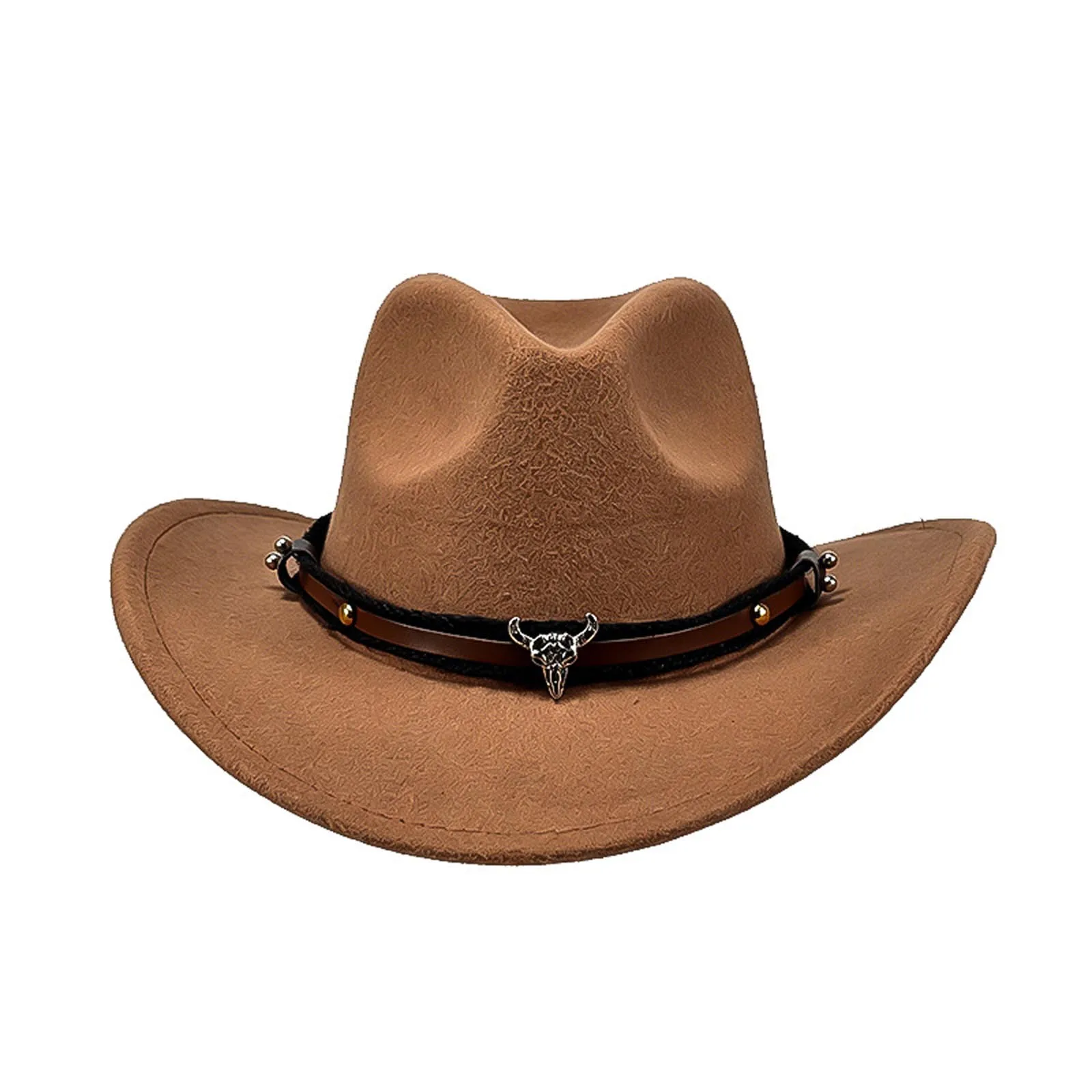 Kids Boys Girls Western Cowboy Wide-brimmed Hat Cap with Retro Band And Bull-shaped Decoration for Halloween Cosplay 4