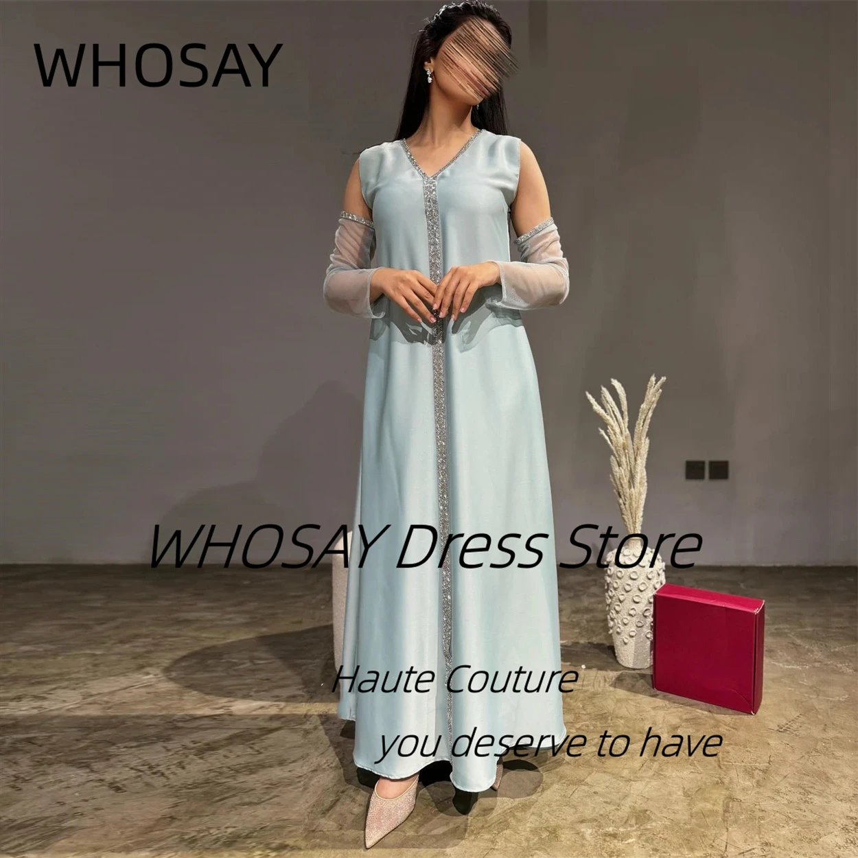 

WHOSAY Customized Chain Drill V Neck Prom Dresses Saudi Arabia Women Detachable Long Sleeves Evening Party Dress Robe Des Soiree