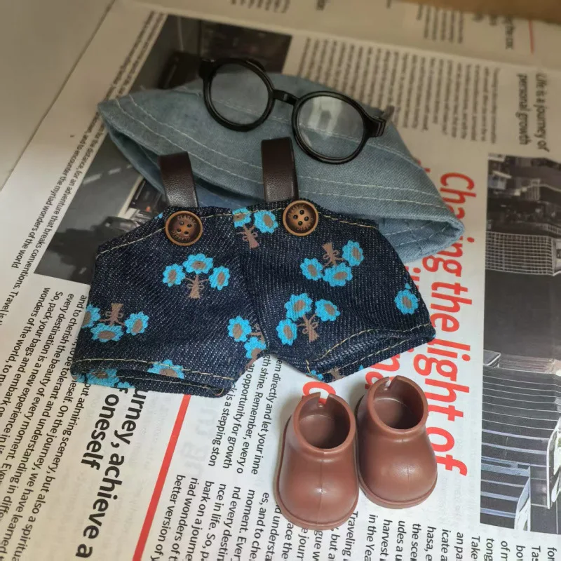 

Vintage Denim Outfit Set for 15/17cm 1st-3rd Gen Labubu Dolls Fisherman Hat Starry Overalls & Glasses