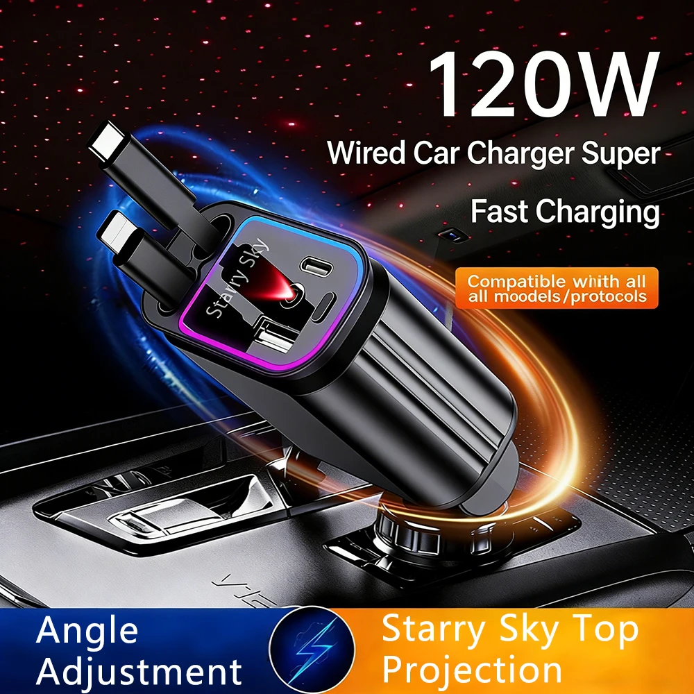 4 in 1 Retractable Car Phone Charger 120W with USB C Lightning Cable Roof Starlight Fast Charging for iPhone Samsung Phones