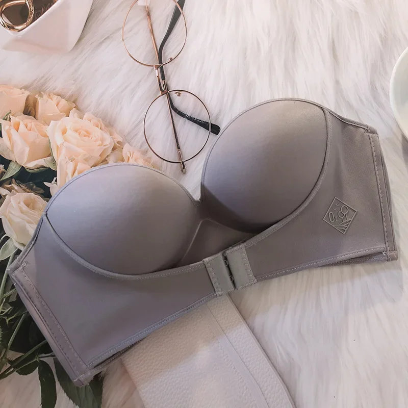 Women Sexy Strapless Push Up Bra Front Closure Bralette Invisible Bras Underwear Lingerie 1/2 Cup Seamless Brassiere ABC Cup