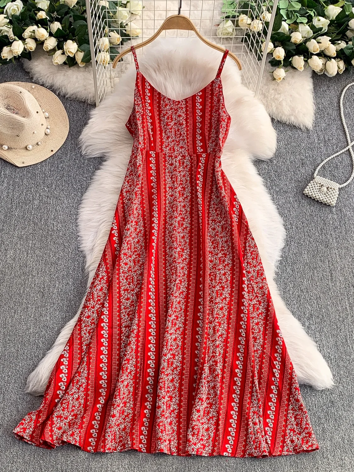 Sweet Floral V-ne Strapl Dr Women's Summer Holiday Sexy Bal High Waist Slimming Maxi Skirt Korean Sle Print A-...