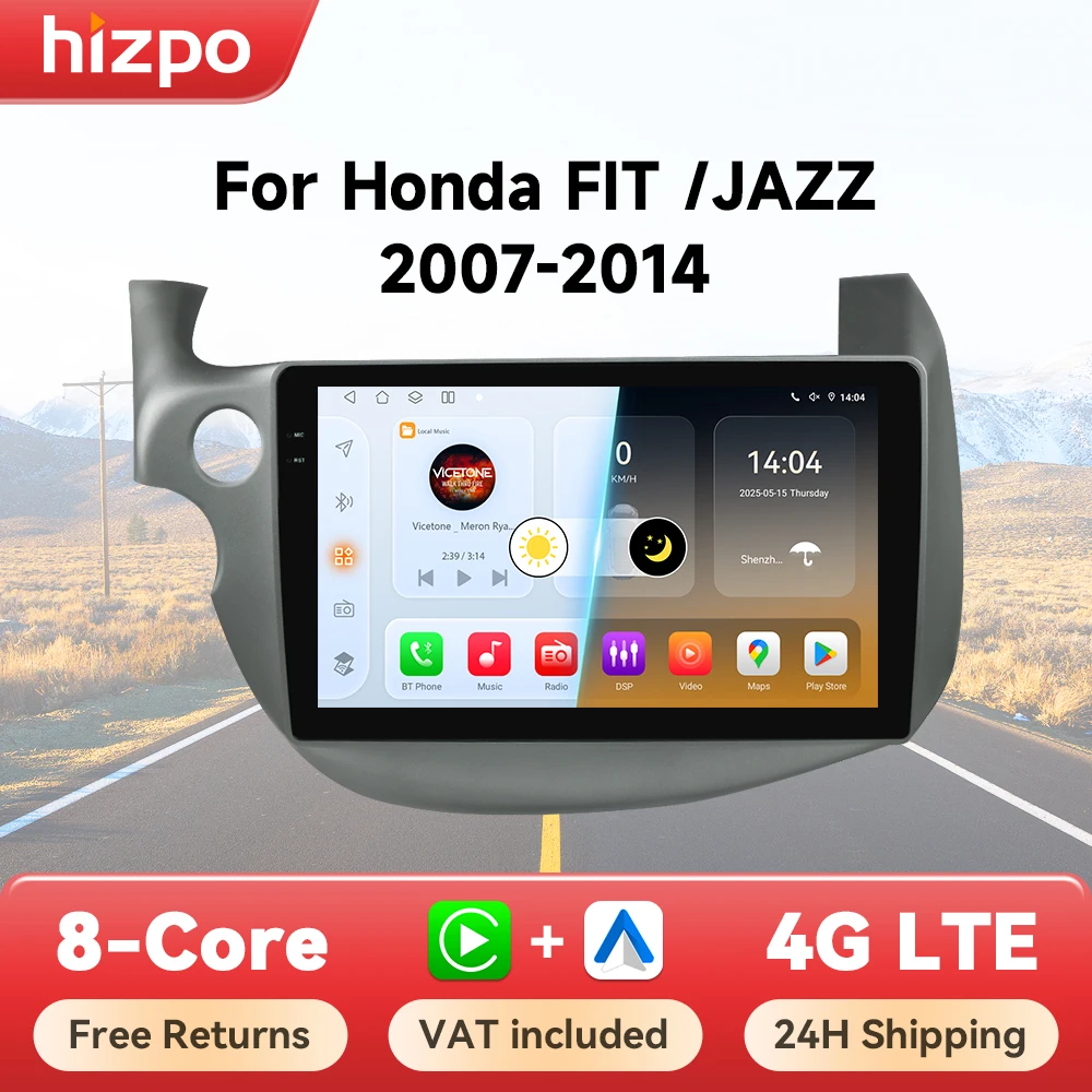 Autoradio multimédia GPS Hizpo Android 14 pour HONDA FIT JAZZ 2007 - 2013 2 Din avec navigation, commande vocale IA, Bluetooth et caméra 360°