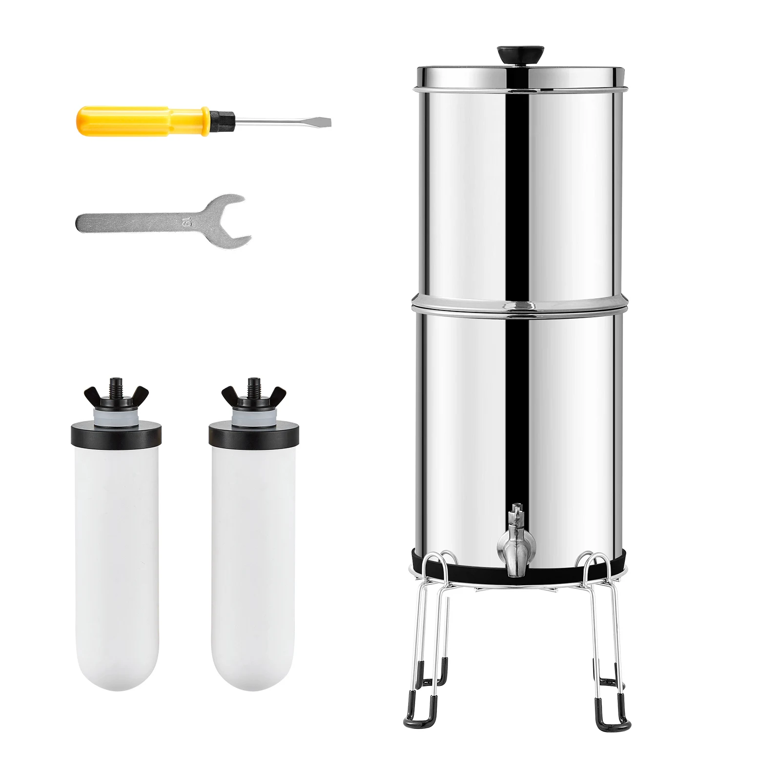 Gravity-fed Water Filter System, 2.25G 304 Stainless-Steel Countertop Water Filtration System, Reduces Lead and up to 99% of Chlorine, Featuring 2 Ceramic Carbon Filters, Spigot, and Stand