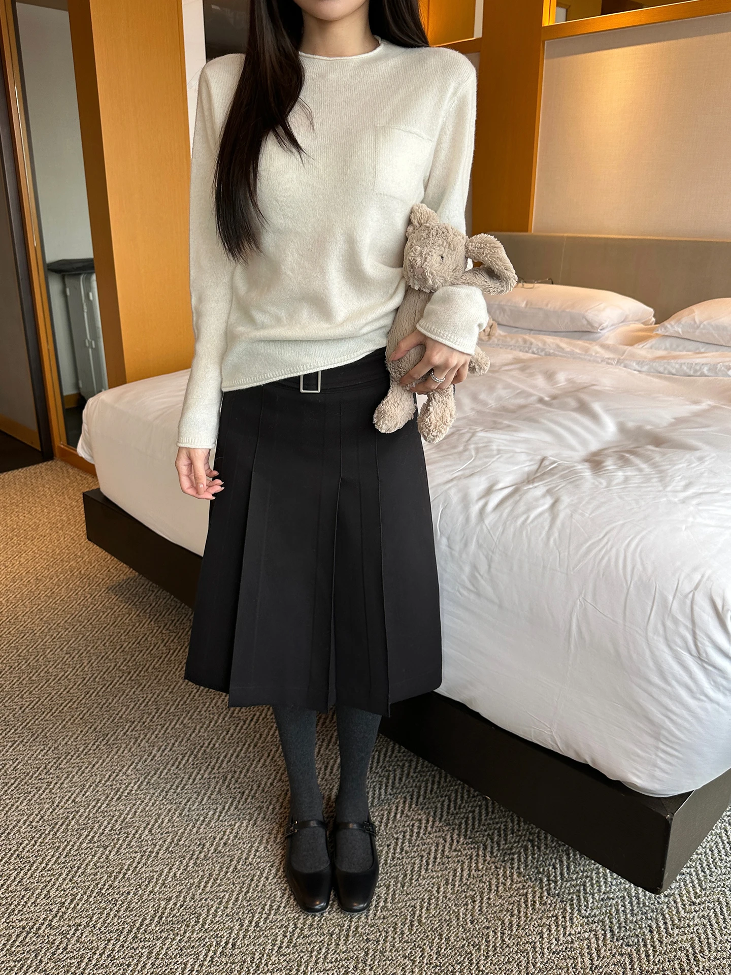 

NOSEMADE Bla A-Line Skirt with Belt Casual Sle Pleated Skirt Women's mid Waist Polyester Viscose Lyocell Acetate Fiber