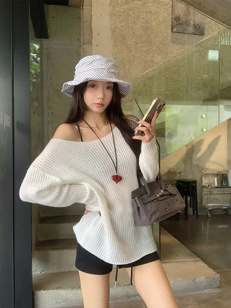 MosesQueen White Hollow out Long Sleeve Knitted Sweater Women's Loose Shoulder Bared Top Korean Style Soft Acrylic Fiber