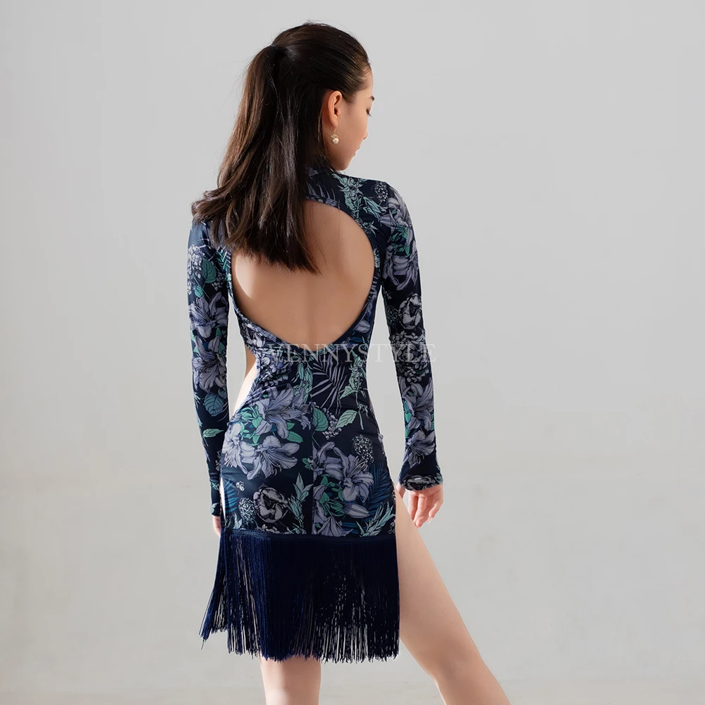 Vennystyle Latin Dance Dress Girls Long Sleeve Fringe Floral Design Practice Wear Professional Standard Training Outfit