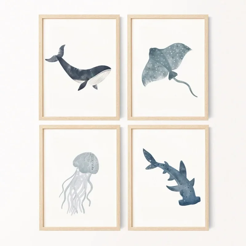 1pc frameless Canvas Painting Sea Animals Watercolor Poster Ocean  Whale Shark Jellyfish Stingray Canvas Painting Wall Art for N