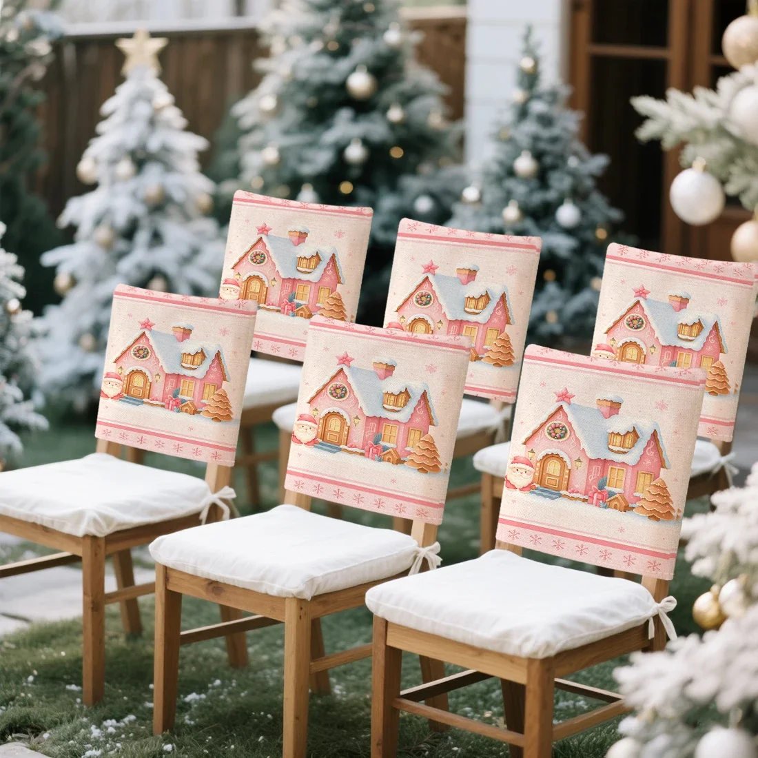 6pcs/set Pink Christmas Candy House Chair Cover Table Decoration Dining Seat Chair Covers Dining Room Bar Party Banquate