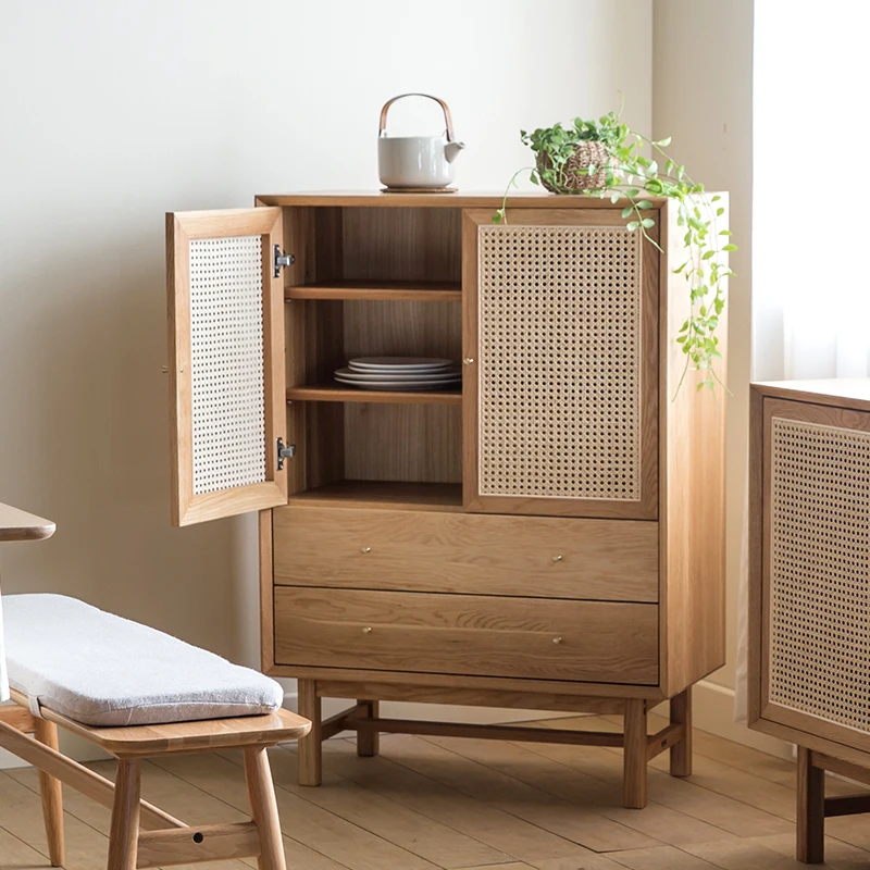 

Japanese-style solid wood storage cabinets household rattan sideboards Modern simple storage large-capacity kitchen cupboards