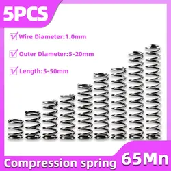 5PCS Compression Spring Wire Diameter 1.0mm Return Spring Steel Pressure Springs Tool OD 5mm-20mm Length10mm-50mm