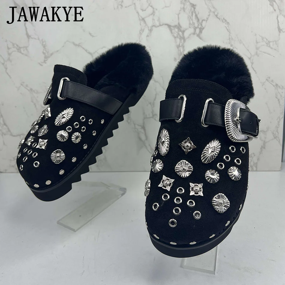 

Autumn New Wool Fur Slippers Women Wrap Toe Thick Sole Metal Buckle Furry Shoes Thick Sole Platform Clogs Casual Ladies Mules