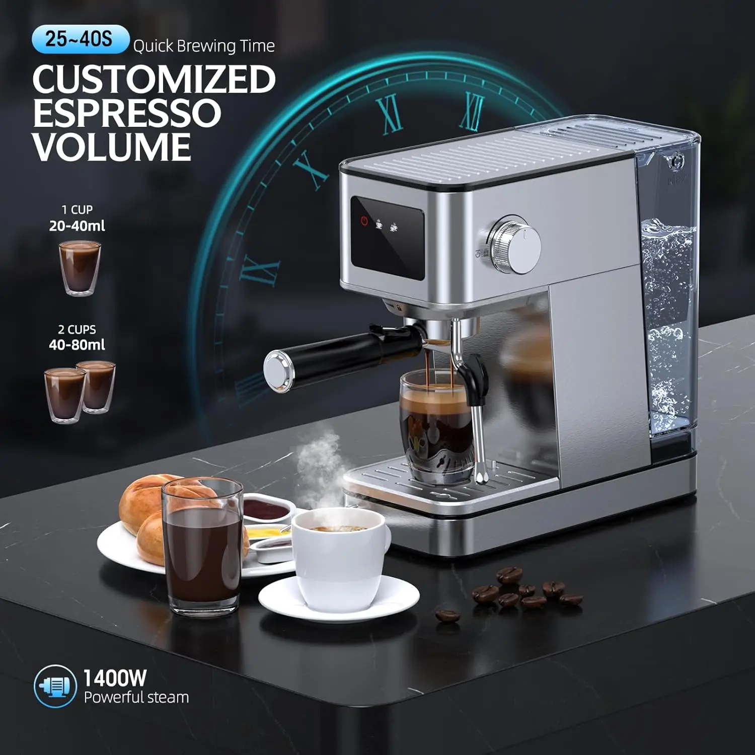 Machine à Expresso Professionnelle de 20 Bars, Mousseur à Lait, Baguette à Vapeur pour Latte, Machine Compacte en Acier Inoxydable avec Remo de 57.5oz