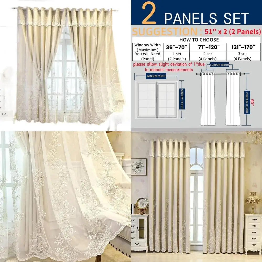 

Luxury Beige Double Layer Embroidered Curtains for Living Room and Bedroom, 51x90 Inch