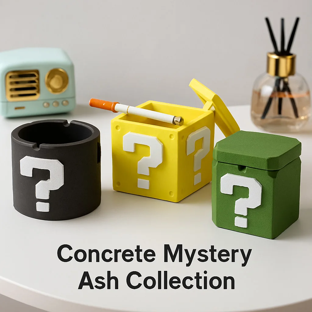 Concrete Mystery Question Mark Block Ashtray Collection | Retro Gaming Cement Decor | Multi-Color Desktop Ash Holder with Lid