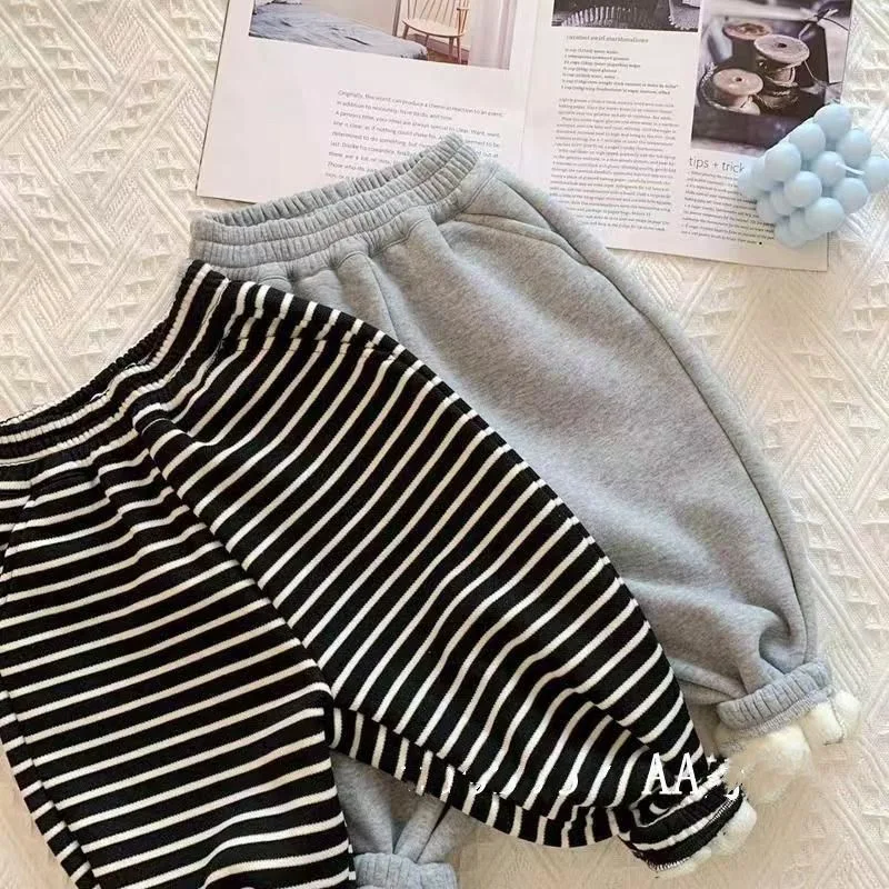 2025 Kids Clothing Boys Striped Casual Fleece Sweatpants Elastic Waist Warm Trousers 1-5Y  Children Winter Sports Pant