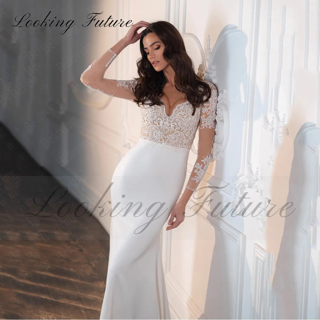 Boho Mermaid Wedding Dresses, Sheer Lace Applique, Vestidos de noiva plissados, Cetim macio, Vestido de noiva, Moderno, 2021