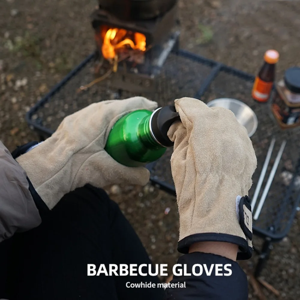 Outdoor Camping BBQ Mitts, Heat Insulation Thick Wear Protective Gloves, Camping Fire Barbecue Cowhide Anti-burning