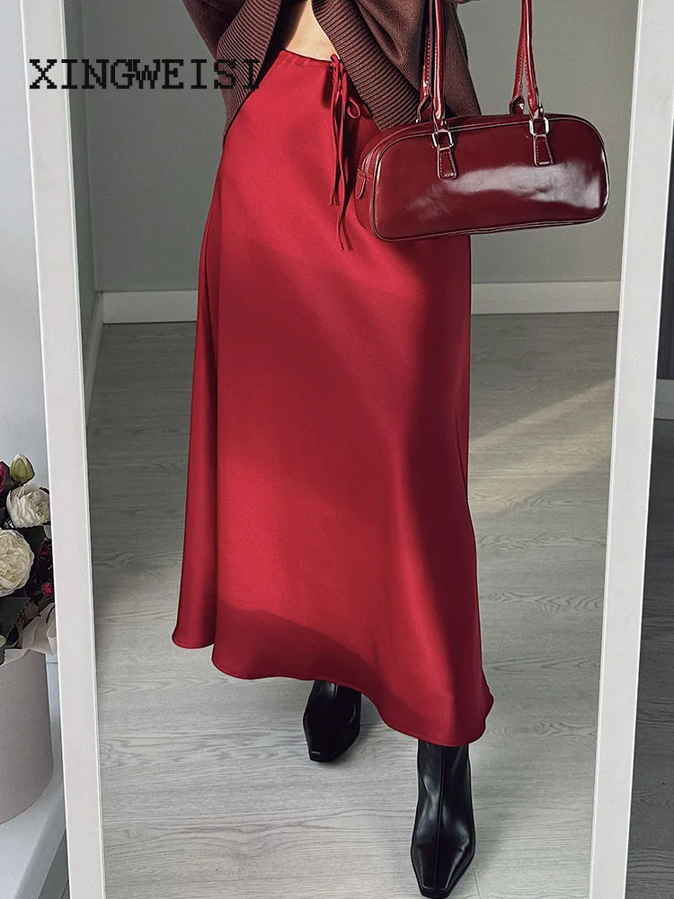 

Long Black Satin Skirts Women Work Summer Autumn Straight Skirt Long Belt Coffee Formal Silk Maxi Skirt For Ladies Americantyle