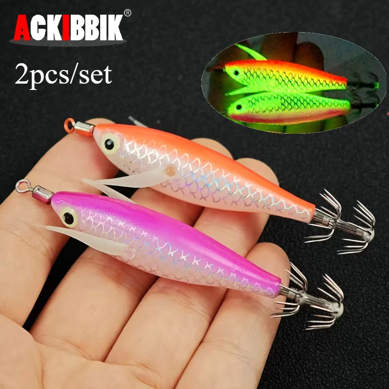 Ackibbik 2pcs/set 8cm/5.6g Shrimp Lure Glow Squid Jig Hook Saltwater Fishing Accessories Fishing Supplies Night Fishing Lures