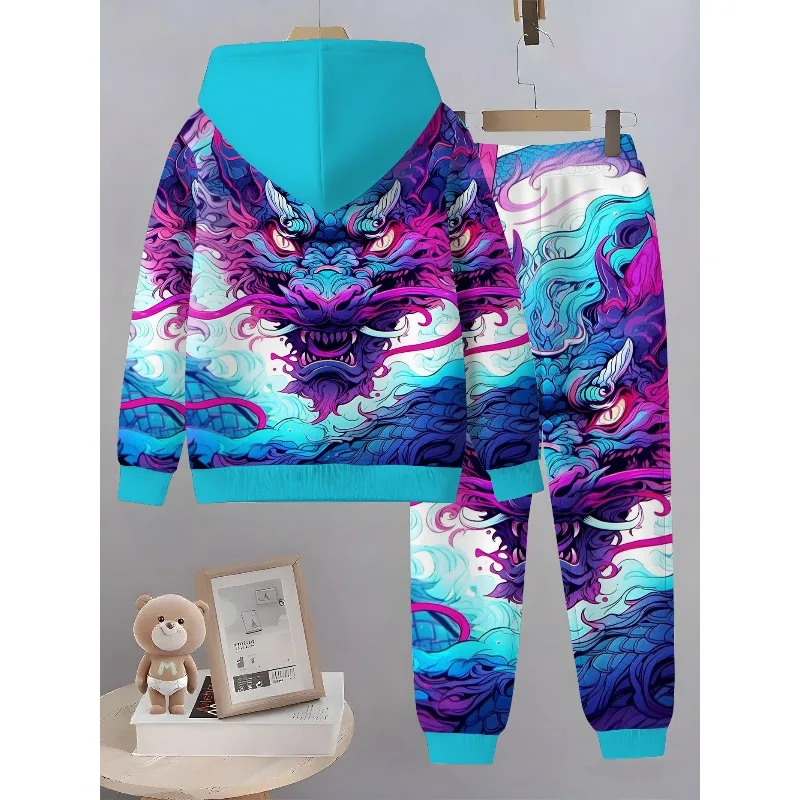 2025 Spring and Autumn Season New Two Piece Hoodie and Pants Set with 3D Colorful Dragon Pattern Printing Set