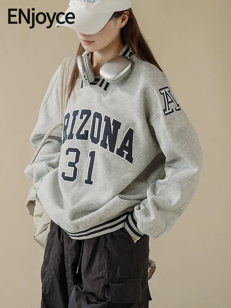 

ENjoyce 2023 Winter Women Vintage Letter Print Inner Plush Warm Sweatshirt American Street Brand Loose Pullover Long Sleeve Coat