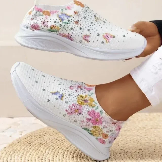 Wysokiej jakości Plus rozmiar 43 damskie buty komfortowe oddychające codzienne tenisówki kobiet moda Rhinestone płaskie buty dla kobiet 2024