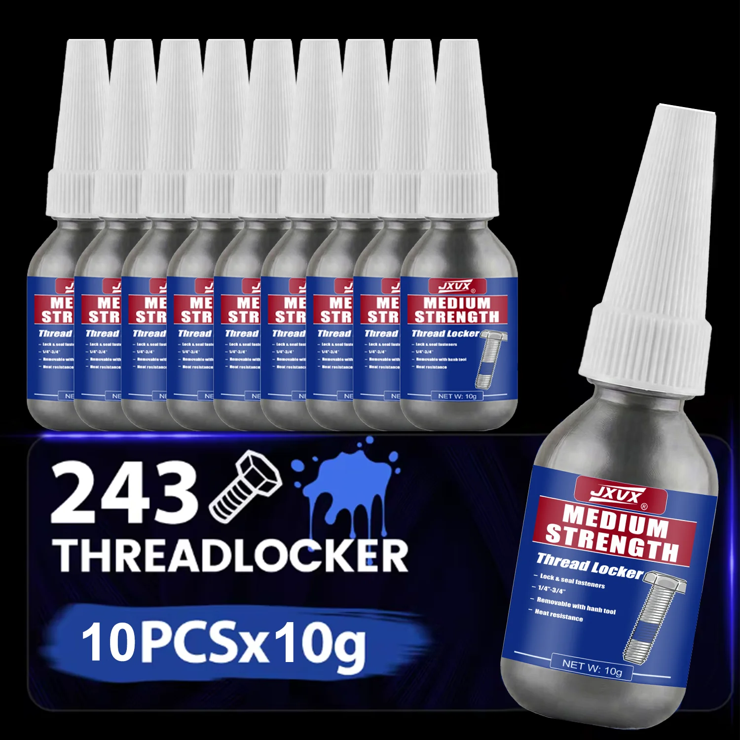 JXVX 1-10PCS 10ml 243 Thread Locker Medium Strength Blue Threadlocker Removable Screw Glue Anti Vibration Sealant For Bolts Nuts