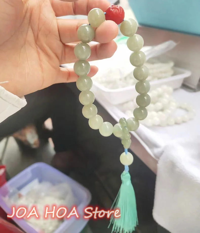 

Natural Xinjiang Hetian Jade Hand-held 12mm Bracelet Size With Tassel Bead String Guest Decorative Car-pendant BANGLE Jewelry