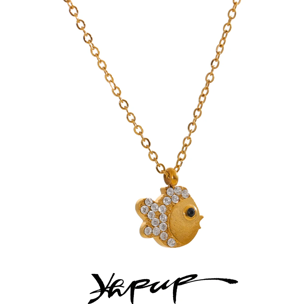 Yhpup Arrivals Stainless Steel Inlaid Cubic Zirconia Fish Necklace for Women Cute Charm Pendant Delicate Stylish Jewelry