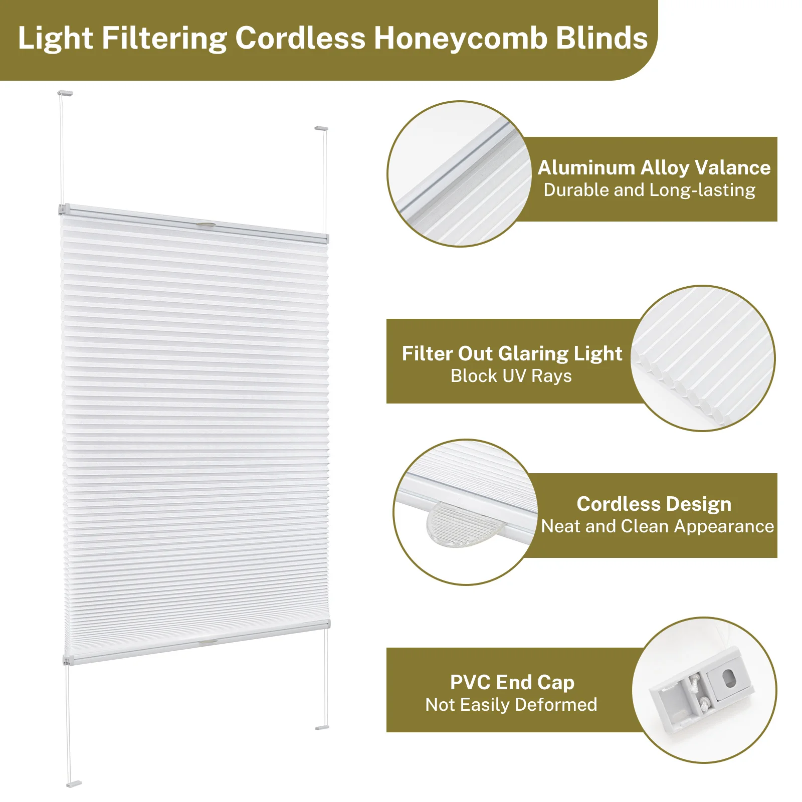 Moonice Cordless Honeycomb Blinds Light Filtering Top Down Bottom Up Cellular Blinds Easy Fit Inward-Opening Window Shade