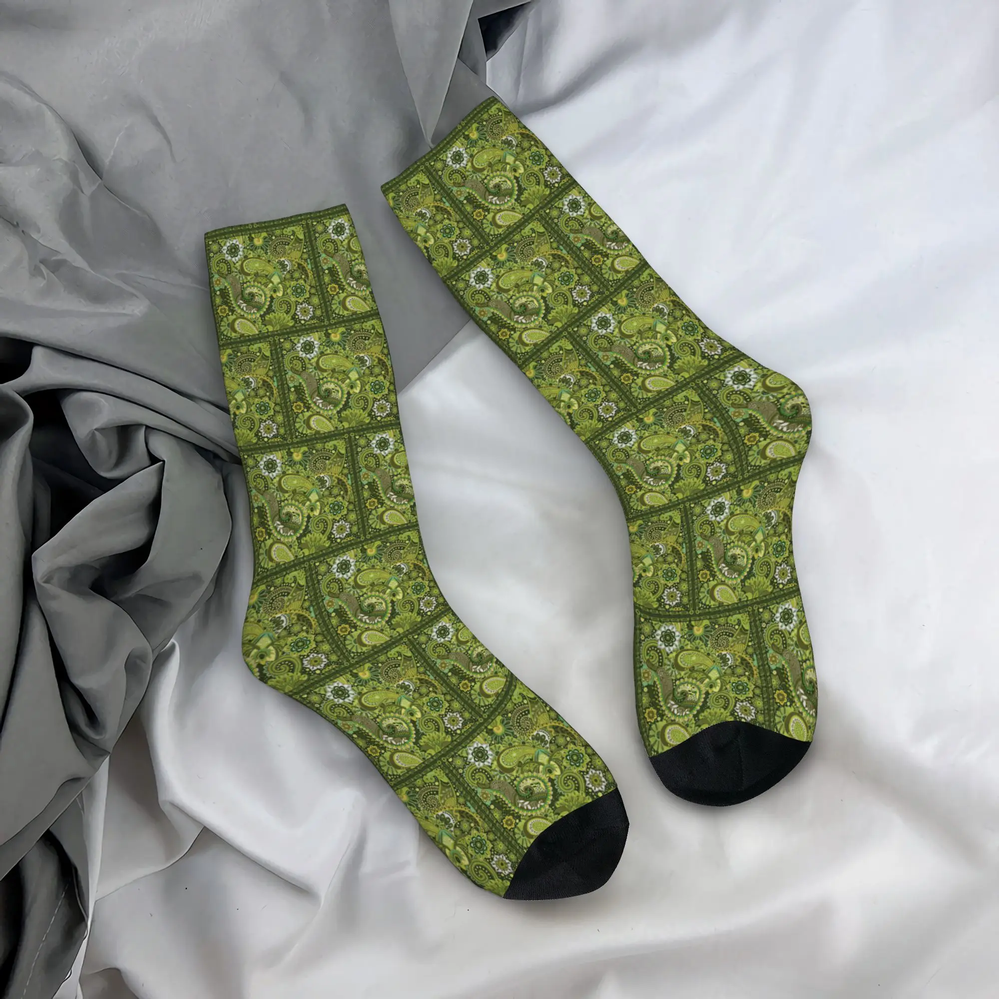 Green Olive Vintage Bohemian Paisley Stockings Unisex Men  Socks High Quality Korean Socks Winter Anti Bacterial Graphic Socks