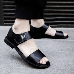 Italian Summer Soft-soled Comfortable Breathable Low-heeled Thick-soled Sandals Leather Roman Open-toe Black Outdoor Beach Shoes