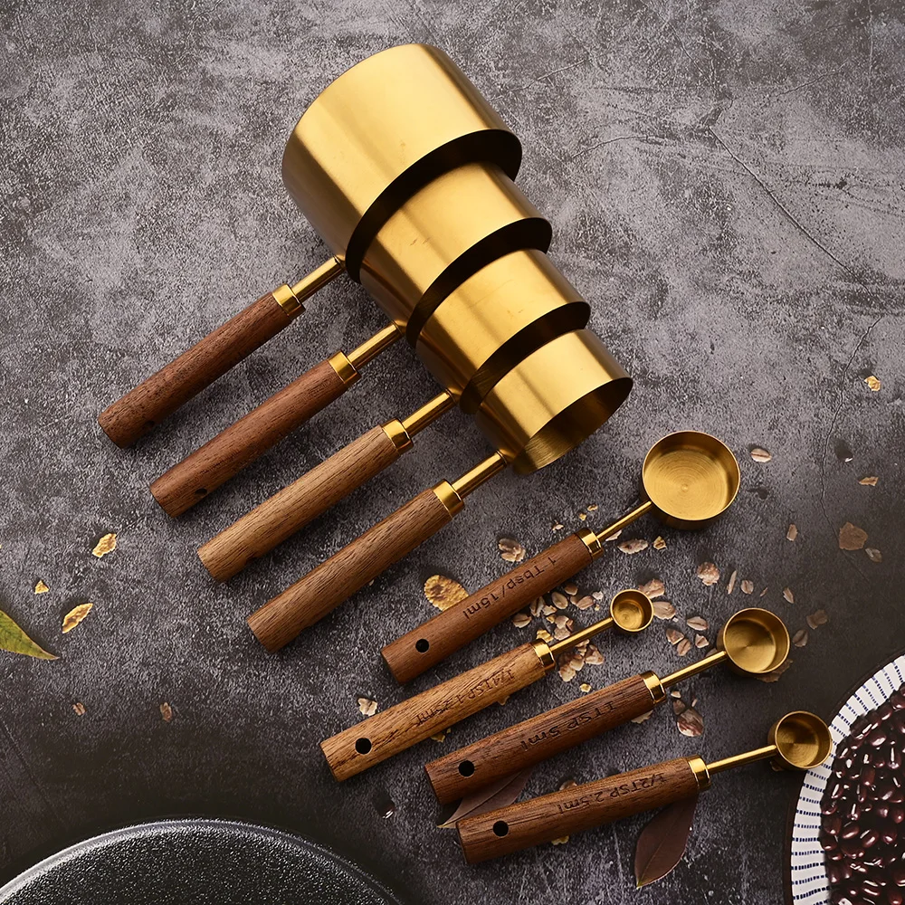 Wooden Handle Stainless Steel Measuring Cups Spoons Set 1