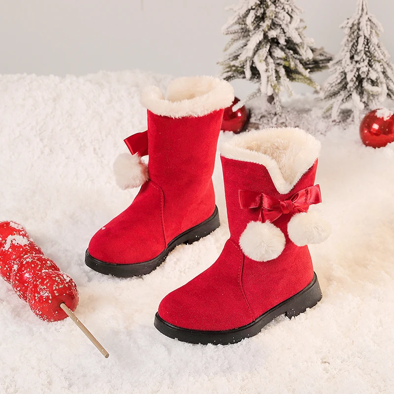 *2026 Autumn/Winter Fashion Sweet Baby Girls Velvet Warm Colorful Bow Square Heel Casual Comfortable Cute Boots Girls Boots