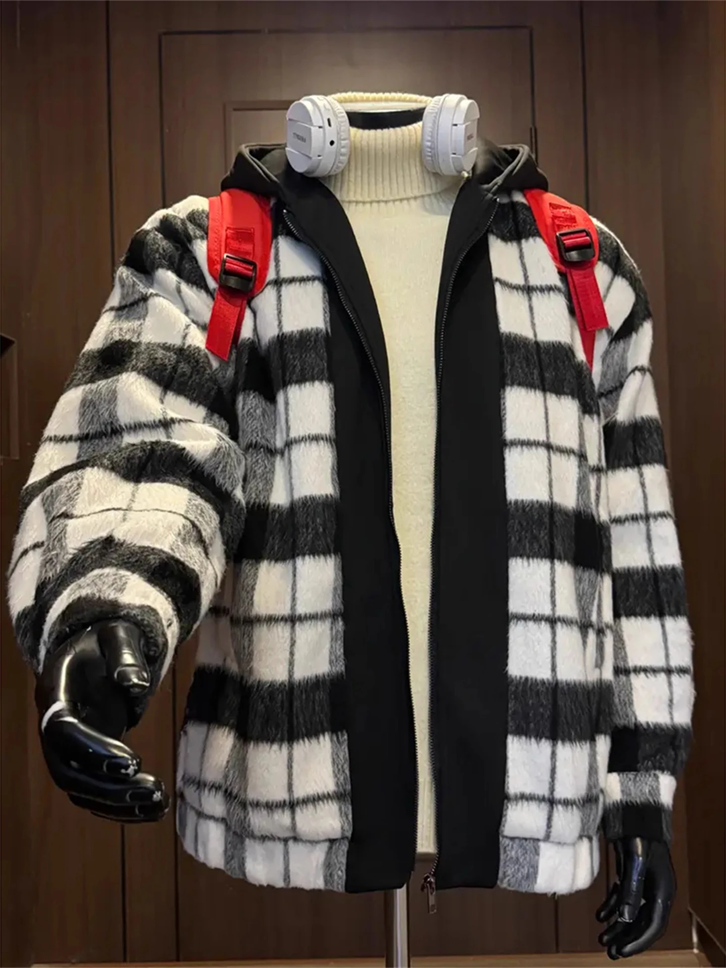 

Мужское шерстяное пальто в американском ретро-стиле в клетку, осенняя куртка Cleanfit с капюшоном, повседневная одежда с цветными вставками, износостойкая, на молнии, с длинными рукавами