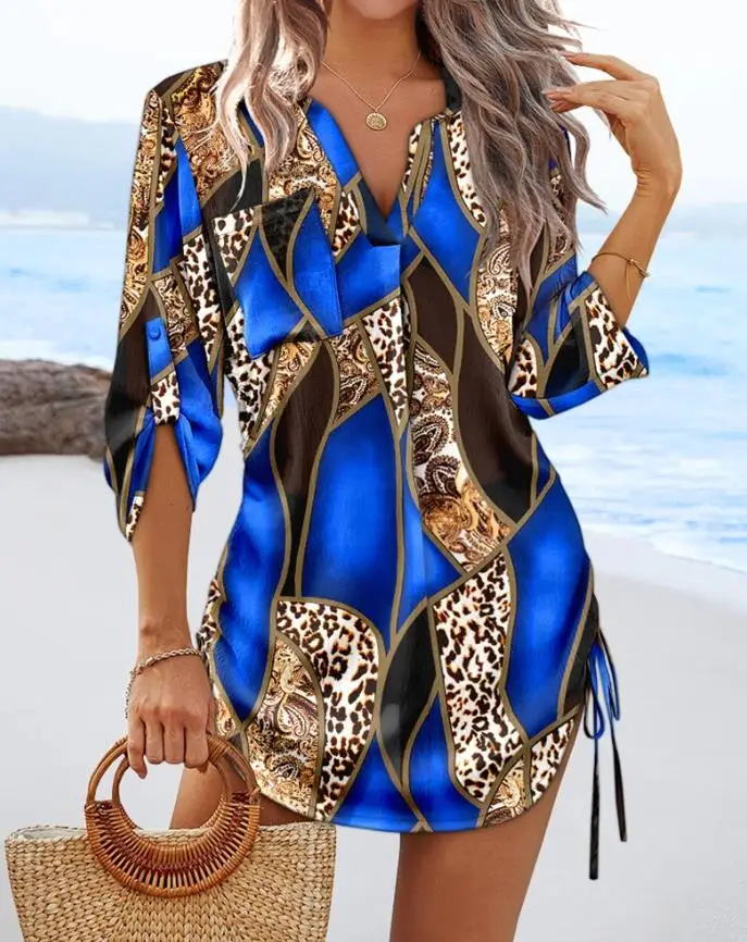 Women's Dress Leopard Colorblock V-Neck Roll Up Sleeve Hollow-Out Drawstring Mini Dress Cover-Ups Shipped Within 48 Hours