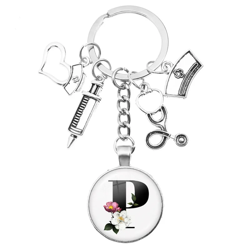 Latest Home Stethoscope Nurse Syringe Keychain A-Z Round Glass Dome Cabochon Pendant Men and Women
