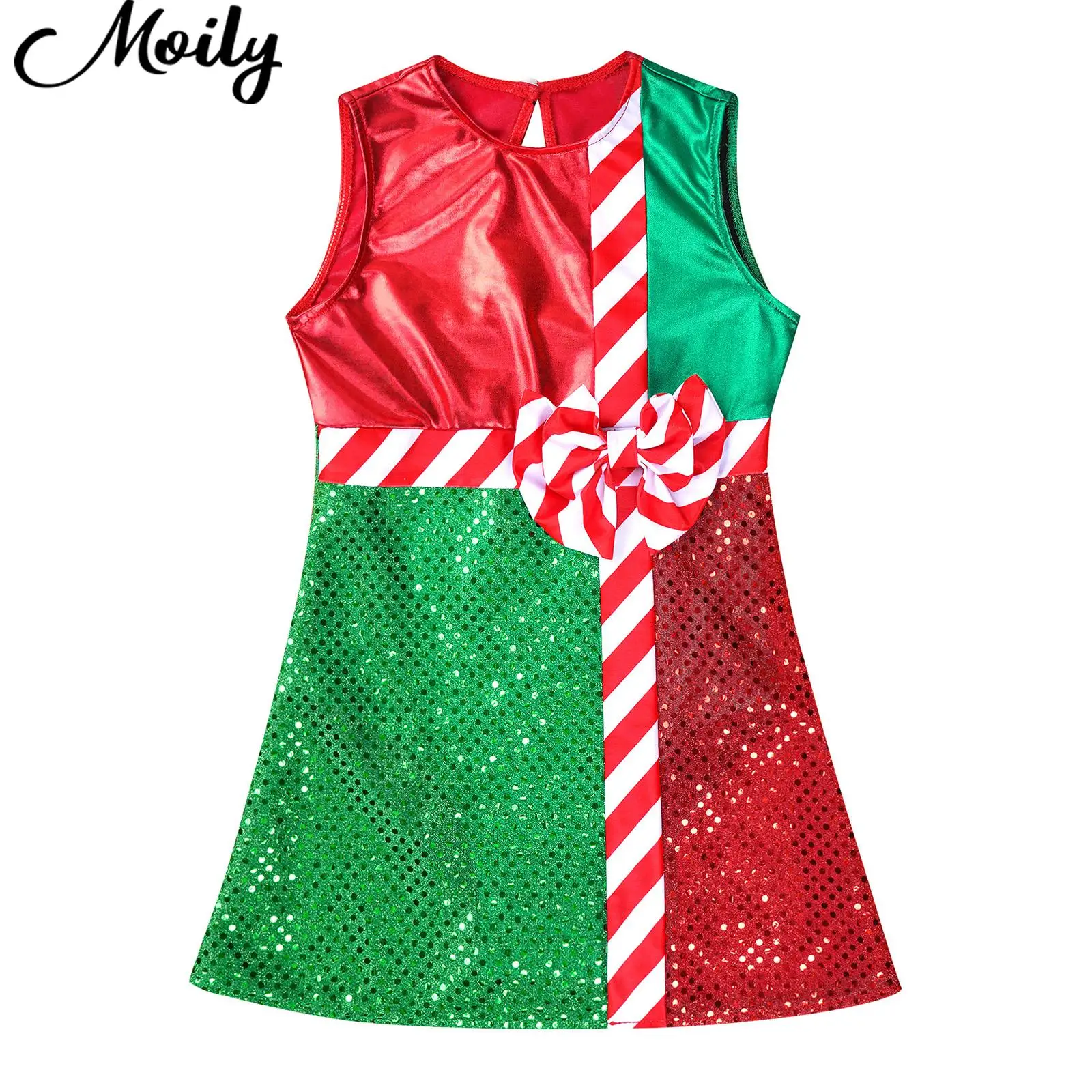 

Teen Girls Christmas Dress Sleeveless Shiny Layer Skirt Jumpsuit Striped Color Block Fancy Dress Up Stage Performance Costumes