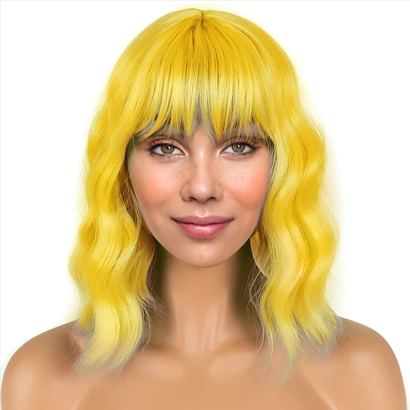 HAIRJOY syntetyczne peruki do włosów kobiet krótkie żółte peruka z grzywką na kostium — zdjęcie 2