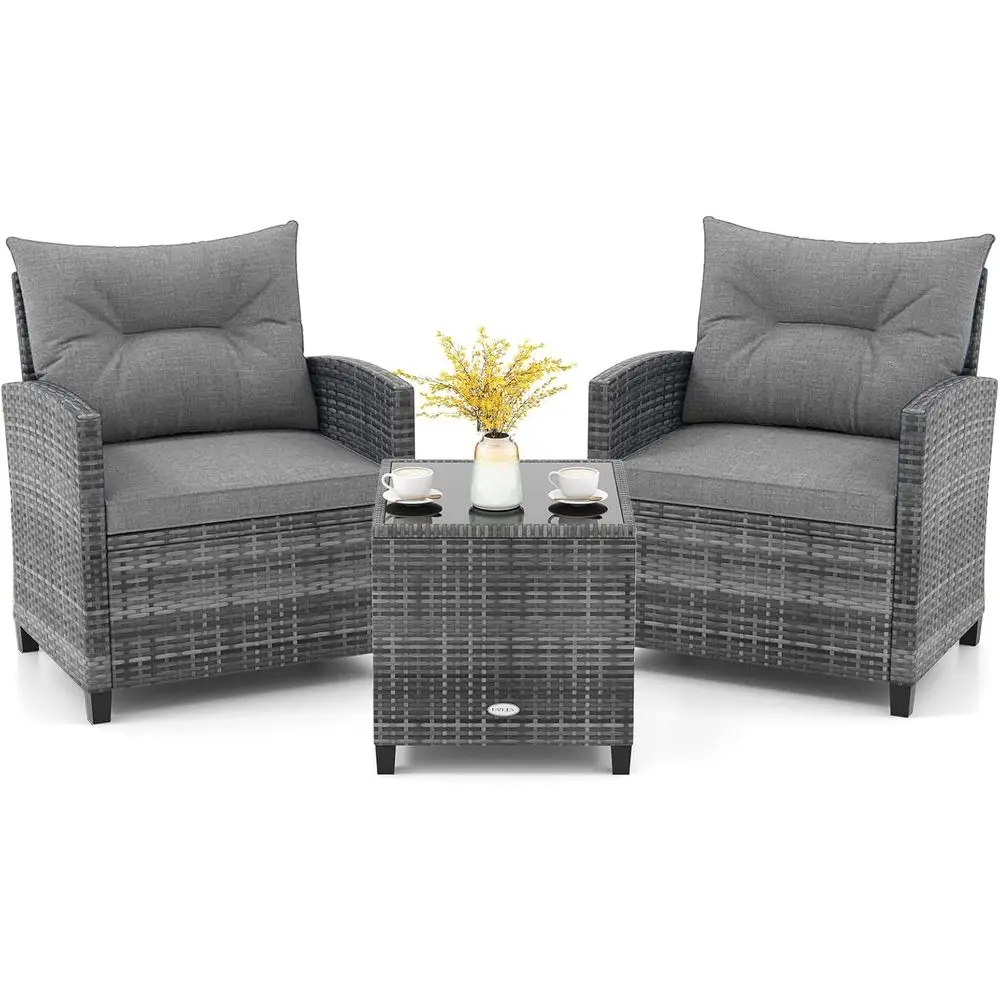 

Grey Outdoor PE Rattan Patio Furniture Set with Cushions and Tempered Glass Table
